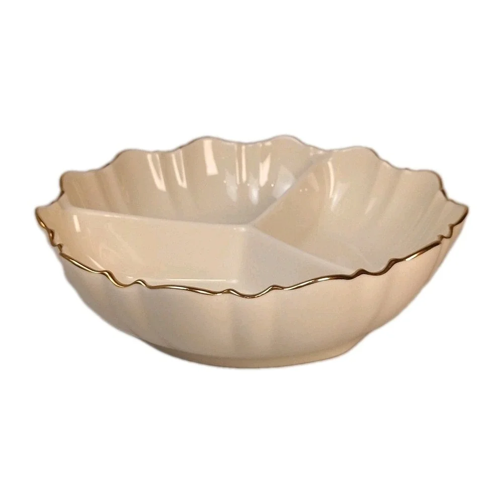 Lenox Symphony 3 Part Scalloped Serving Bowl Ivory 24K Gold Rim 8